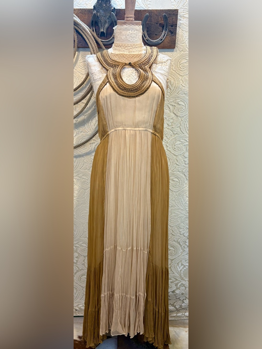 Free People Two-Tone Pleated Maxi Dress in Cream and Tan